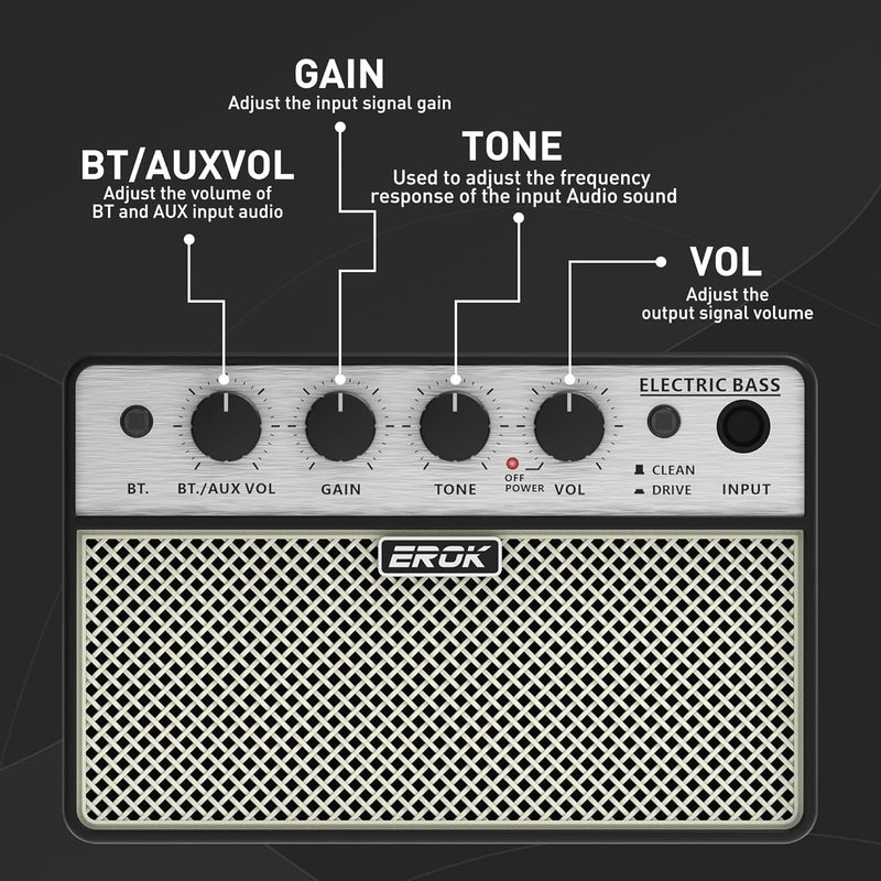 EROK Mini Bass Amp, Portable Amplifier with Clean/Drive Dual Channels, 3.5mm Headphone/AUX Input, Compact Design for Practice & Small Gigs - Image 4